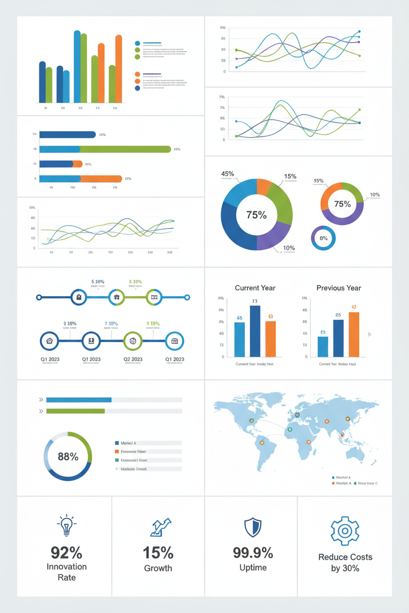 A large, structured data visualization infographic showcasing a wide variety of charts, graphs, and trackers in one cohesive layout.

Scene & Layout

Tall, clean infographic-style canvas

Multiple neatly aligned sections arranged in a grid system

Each section displays a different data visualization type:

Bar charts (horizontal & vertical)

Line graphs

Pie & circular charts

Timeline flows

Progress indicators

Comparison charts

Simple world map visualization

Icon-based stats and percentages

Visual Det